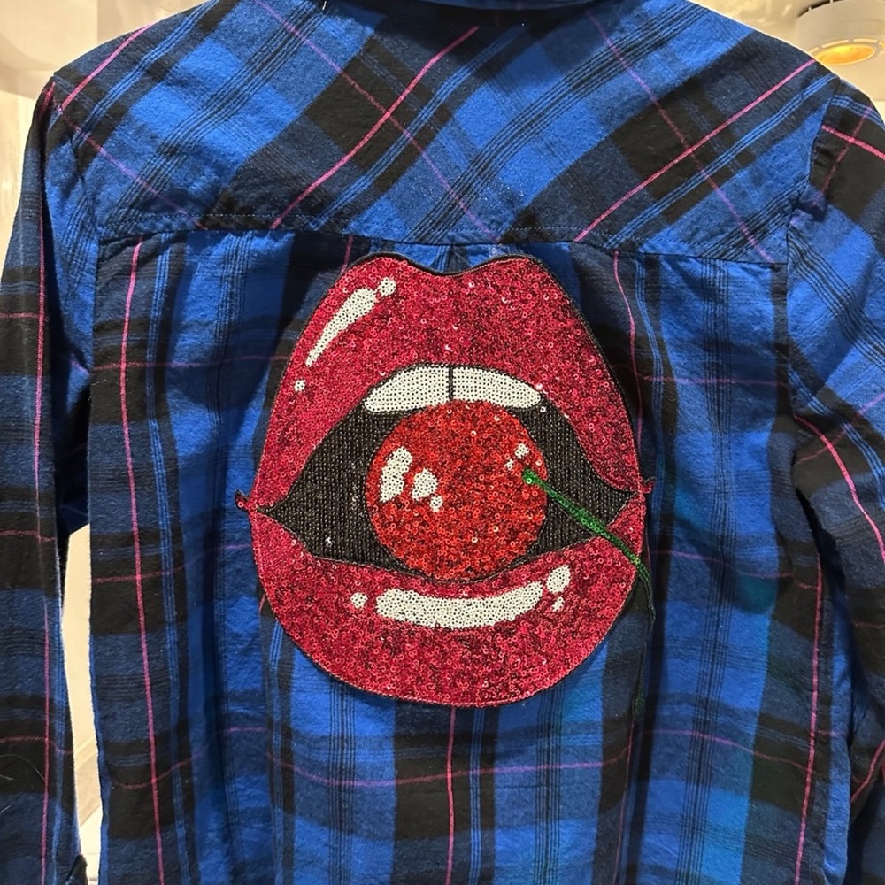 Upcycled flannel, sequins lips, cherry denim Levi pocket